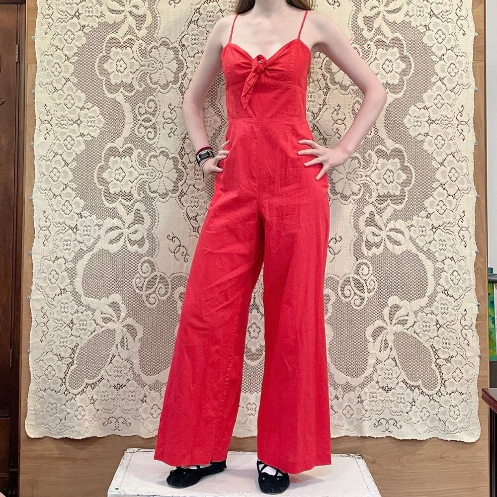 Gianni-bini Women's Red Linen Blend Straight Leg A-line High-waisted Jumpsuit